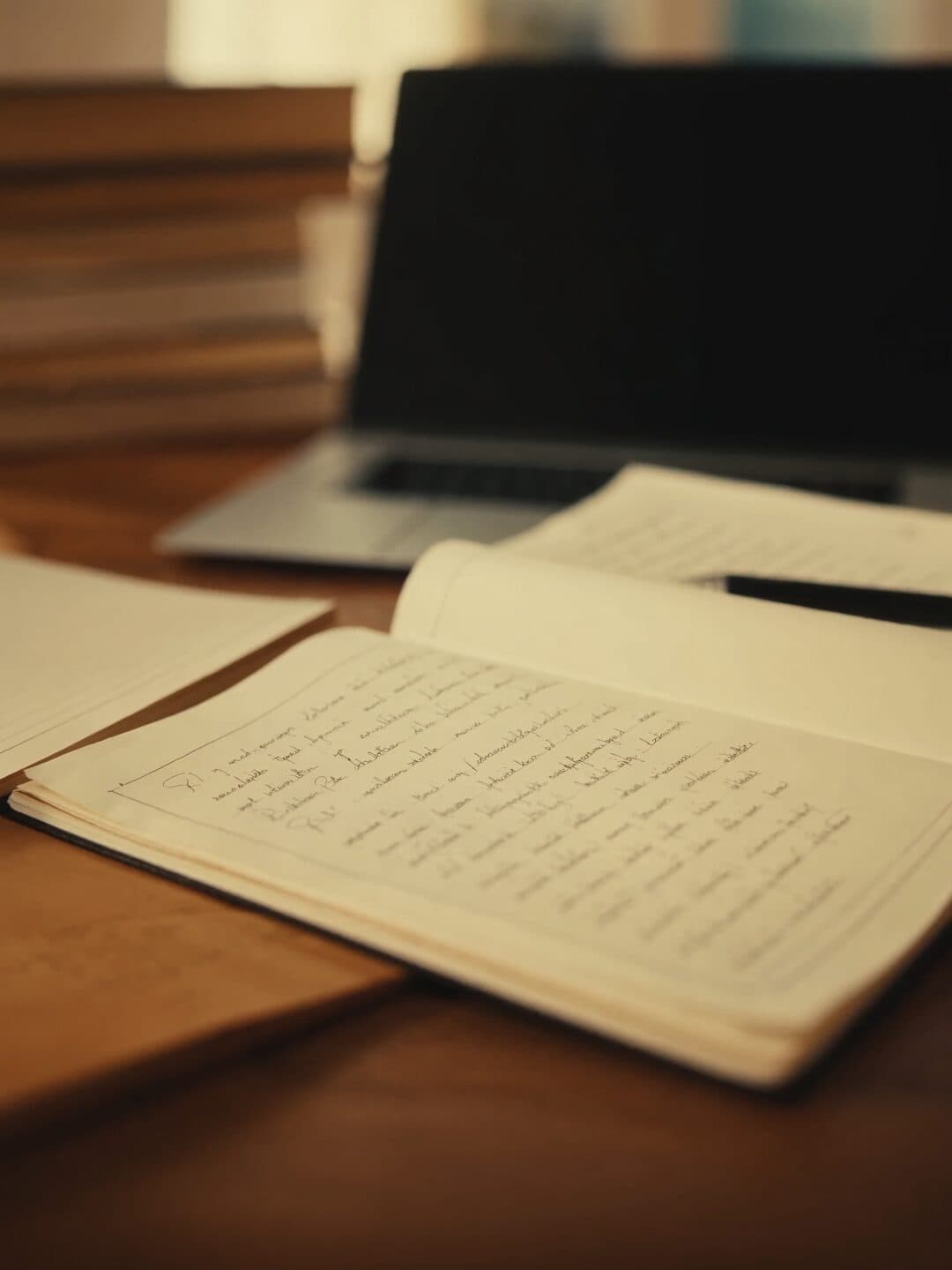 An open notebook, pen and books on a study desk